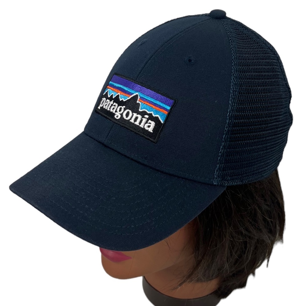 Patagonia P6 Logo Hat Snapback Trucker Blue Spell Out Mesh Outdoor Hiking